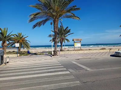 an empty street with palm trees and the beach at Apartamento Ciudamar in Puerto de Sagunto