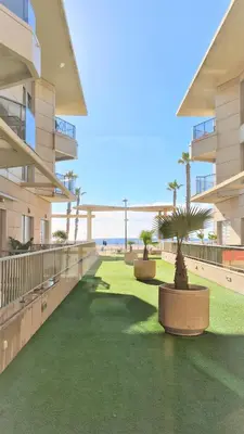 a walkway with grass and palm trees in front of a building at BEACH VALENCIA LUXURY - B40-21 - Apartament on Beach in Valencia