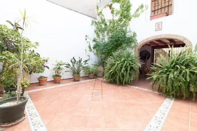 a courtyard with potted plants in a building at Global Vacacional, Bonita casa rural en Quart de les Valls in Cuart de les Valls