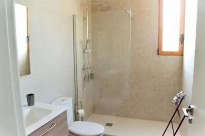 a bathroom with a shower and a toilet and a sink at Casa Bienvenida - Carcaixent in Carcagente