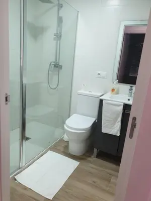 a bathroom with a shower and a toilet and a sink at Premier Apartments in Valencia