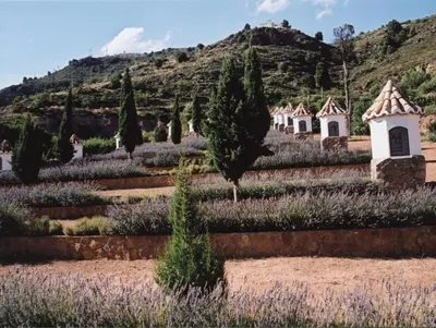 a garden in theprovence of provence with a mountain in the background at Apartamentos Rurales San Juan in Castellnovo