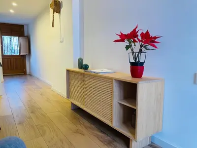 a vase with red flowers on a cabinet in a room at Casa Valenciana con Terraza in Valencia