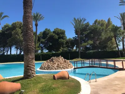 a swimming pool with a palm tree and a fountain at Cullera - Florazar II con piscina, tenis y club social in Cullera