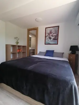 a bedroom with a large bed with a blue blanket at Villa Isabelle in Barraca de Aguas Vivas