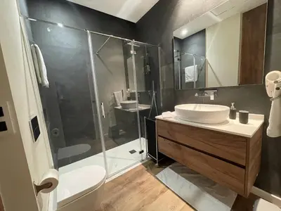 a bathroom with a sink and a shower and a toilet at Luxury double Suite at heart of Ruzafa in Valencia