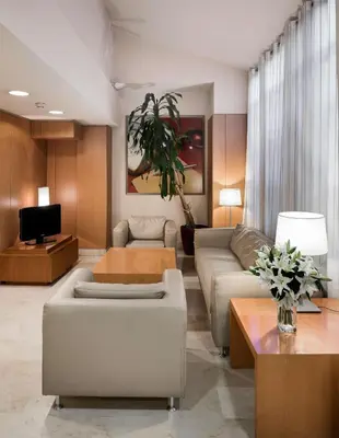 a living room with a couch and a tv at NH Valencia Las Ciencias in Valencia