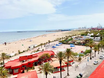 a view of a beach with palm trees and a pier at Lux Penthouse Mediterranean views Beach front in Puerto de Sagunto