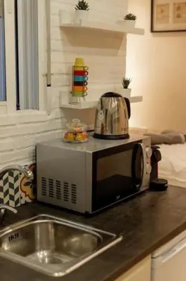 a microwave sitting on a counter next to a sink at Lovely Coquette loft, heart of cuitat vella El Carmen Valencia in Valencia