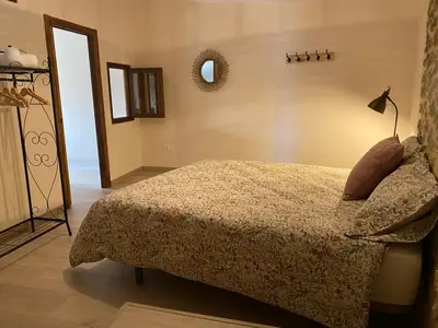 a bedroom with a bed and a mirror on the wall at Casa el Recreo in Jérica