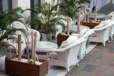 a row of wicker chairs and tables with plants at Hotel Olympia Valencia in Alboraya