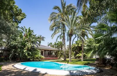 a swimming pool in front of a house with palm trees at El Oasis Villa Resort in La Eliana