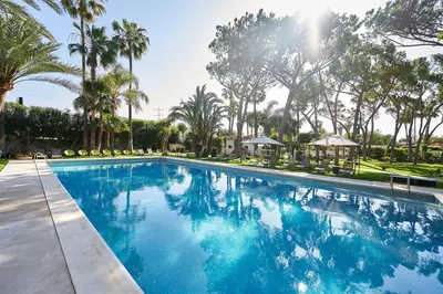 a large swimming pool with palm trees in the background at El Oasis Villa Resort in La Eliana