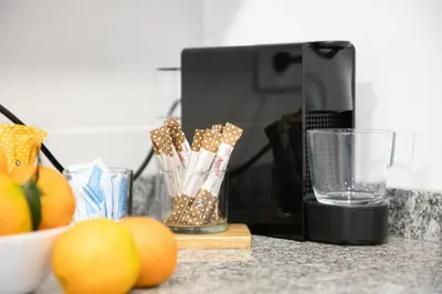 a counter top with a blender and a bowl of fruit at APARTAMENTOS LEO XIII in Valencia
