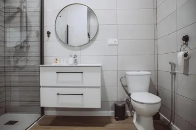 a bathroom with a white toilet and a mirror at APARTAMENTOS LEO XIII in Valencia