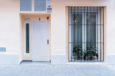 a door to a building with a plant next to it at APARTAMENTOS LEO XIII in Valencia