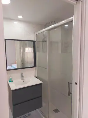 a bathroom with a sink and a glass shower at Apartamento Cuidad Ciencias in Valencia