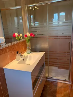 a bathroom with a sink and a shower with flowers at Apartamento en la playa in Tavernes de Valldigna