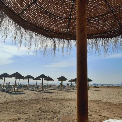 a group of umbrellas and chairs on a beach at FiveStepsToSea - Beach Apartment Valencia in Valencia