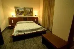 a bedroom with a bed and a table in it at Hotel Rioja in Benisanó