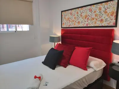 a bedroom with a bed with red and black pillows at Apartamentos Rous - Solo adultos in Valencia