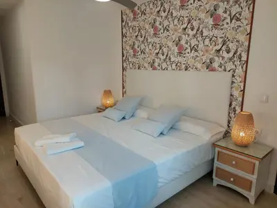 a bedroom with a large white bed with blue pillows at Hostal GARDEN ROUS in Paiporta