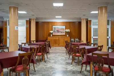 a dining room with purple tables and chairs at Hotel Bartos in Almussafes