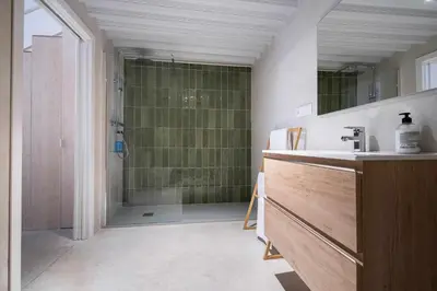 a bathroom with a shower and a sink and a shower at Exclusivo Loft con terraza en Ciudad Artes y Cienc in Valencia