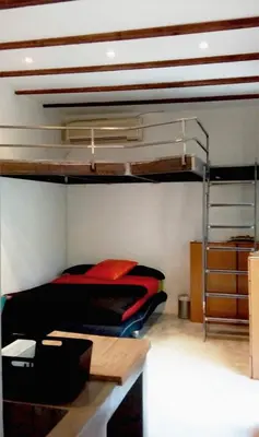 a bedroom with a bunk bed with a ladder at Casita artista en bello edificio barrio Ruzafa in Valencia
