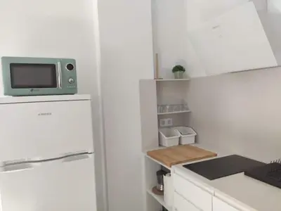 a white kitchen with a refrigerator and a microwave at Barcabanyal in Valencia