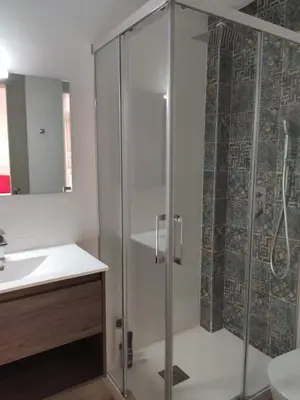 a bathroom with a glass shower and a sink at Barcabanyal in Valencia