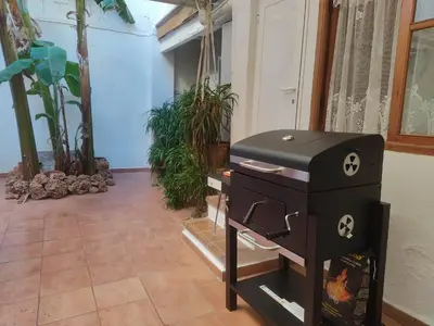 a black stove in a room with plants at Encantadora casa de pueblo in Sagunto
