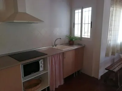 a kitchen with a sink and a microwave at Casa La Higuera in Chulilla