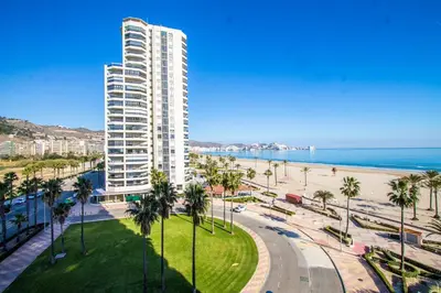 a tall white building next to a beach with palm trees at ESPACIO 5 - Primera Línea de Playa in Cullera