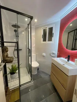 a bathroom with a shower and a sink and a toilet at UIM Mediterraneo Virgen del Carmen 1 Wifi in Puerto de Sagunto