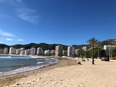 a beach with people sitting on the sand and the ocean at A 50 m de la plage in Cullera