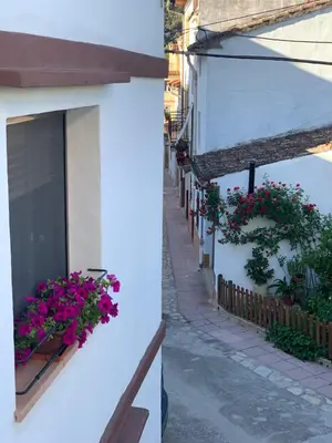 a white building with flowers in a window at Casa Rural El Rincón de Beatriz in Ayódar