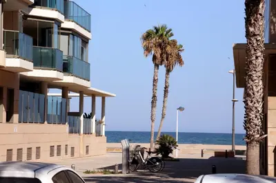 a palm tree and a motorcycle parked next to the beach at Apartamento dos habitaciones primera línea de playa in Valencia