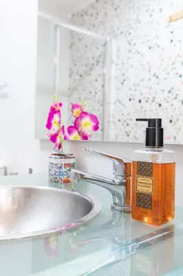 a bottle of soap sitting next to a sink at Aparthotel Mediterráneo by NeoHotels-Centro 8 min by Metro in Valencia
