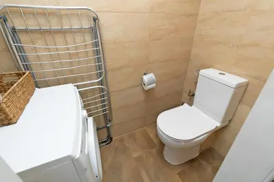 a small bathroom with a toilet and a basket at Loft con terraza centro Valencia in Valencia
