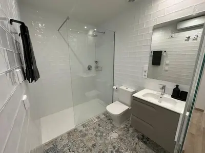 a bathroom with a shower and a toilet and a sink at Precioso apartamento con patio. PYP in Valencia