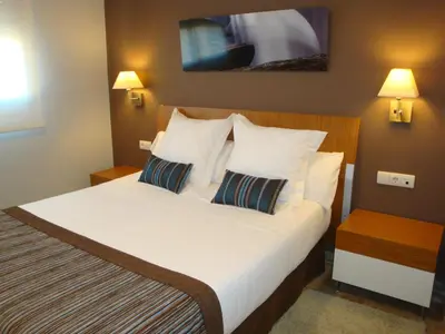 a hotel room with a bed with two pillows at Apartamentos Plaza Picasso in Valencia