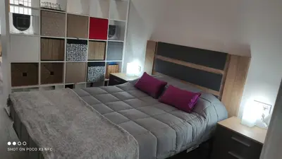 a bedroom with a large bed with purple pillows at APARTMENTSUITESPAIN PLAYA - UNIVERSIDADes in Valencia