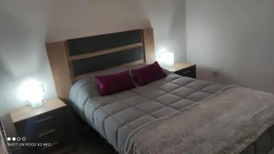 a bedroom with a large bed with purple pillows at APARTMENTSUITESPAIN PLAYA - UNIVERSIDADes in Valencia