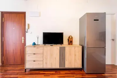 a television on top of a wooden dresser with a refrigerator at 7P céntrico piso con encanto in Valencia