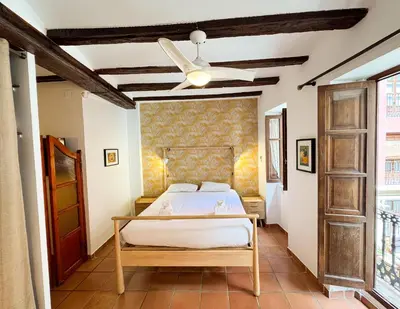 a bedroom with a bed and a ceiling fan at Apartamento con encanto histórico in Valencia
