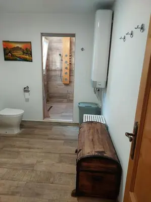 a bathroom with a toilet and an old suitcase on the floor at Family Apartment Andrea in Alaquas