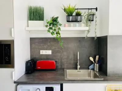 a kitchen counter with a sink and some plants at B1 Verdeguer - Flat close to the Beach in Valencia