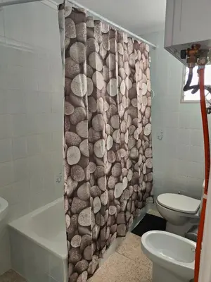 a bathroom with a toilet and a shower curtain at Estrella playa in Puerto de Sagunto