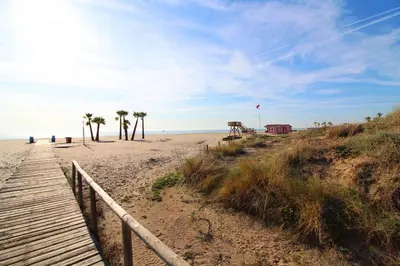 a beach with palm trees and a wooden boardwalk at Global Vacacional, Apartamento para 5 personas con terraza y barbacoa in Canet de Berenguer